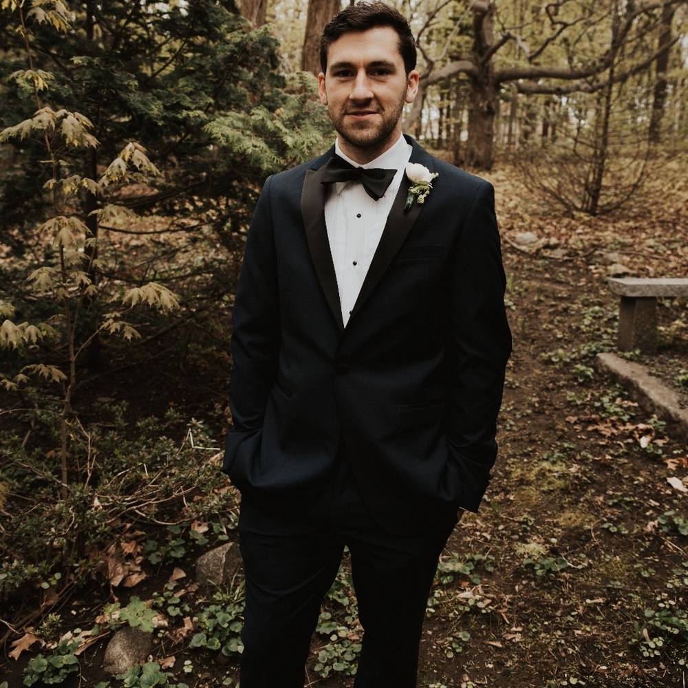 London Fog navy tuxedo black lapel